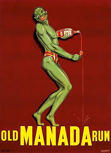 Old Manada Rum, red poster, green man pours rum