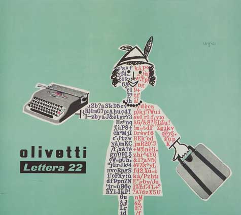 Olivetti Lettera 22, blue poster, girl in a dress holds typewriter