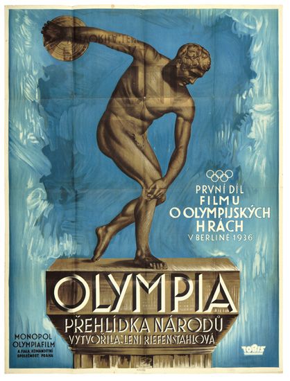 Olympia Prehlidka Narodu, blue poster, statue