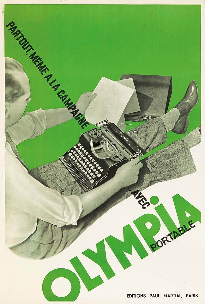 Olympia Portable, green and white poster, typewriter