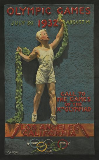 Olympic Games 1932, blue poster, boy in white