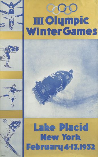 III Olympic Winter Games, Lake Placid New York, yellow poster, sledding