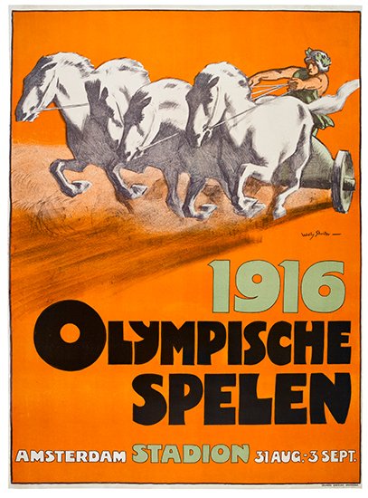 1916, Olympische Spelen, orange poster, horses and chariot
