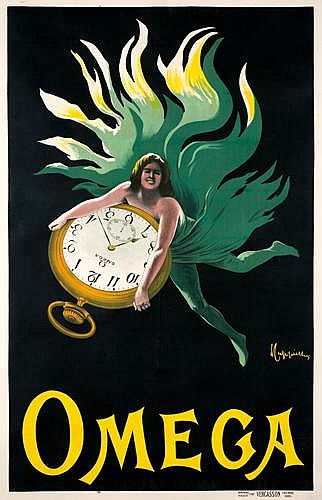 Omega, woman in green holds clock