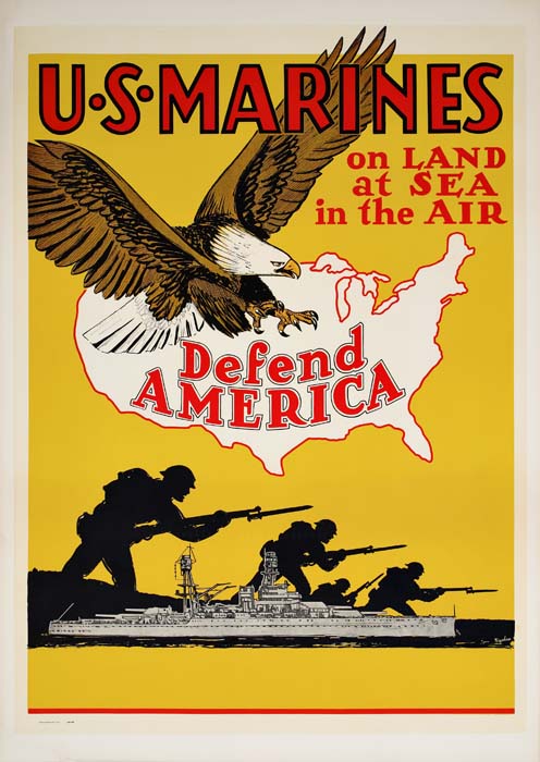 U.S. Marines on Land at Sea in the Air, Defend America, Eagle, yellow poster