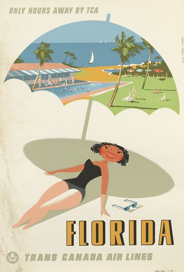 Only Hours Away by TCA, Florida, Trans Canada Air Lines, woman sunbathing