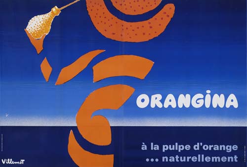 Orangina a la pulpe d’orange nautrellement, blue poster, orange peel person