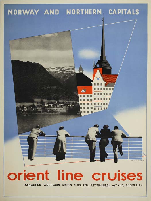 Orient Line Cruises, Norway and Northern Capitals, blue poster, passengers on deck