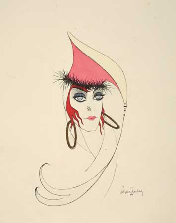 Sketch of a woman in a red and white hat