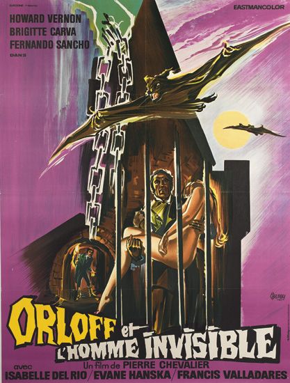Orloff et L’Homme Invisible, purple poster, man behind bars carries nude woman