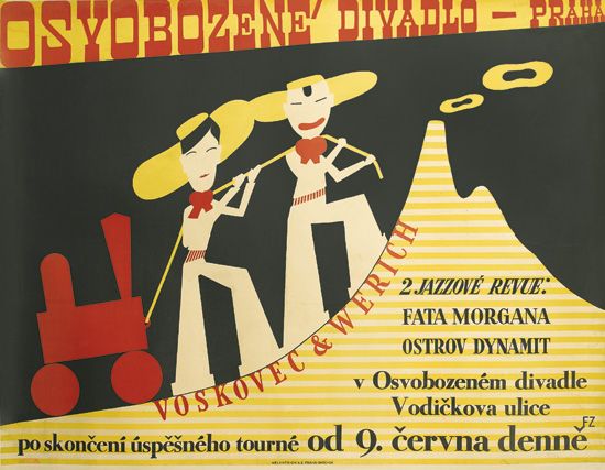 Osyobozene Divadlo, Praha, Voskovec and Weich, couple pulls train up a hill