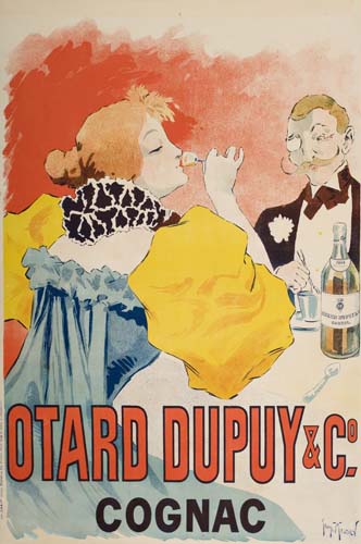 Otard Dupuy and Co, Cognac, woman in blue and yellow drinks liquor, man in suit