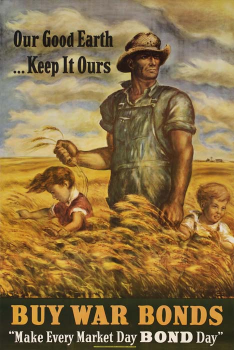 Buy War Bonds, farmer and children in the field