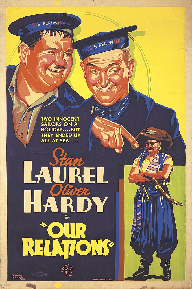 Stan Laurel, Oliver Hardy, Our Relations, yellow poster, men in blue uniforms