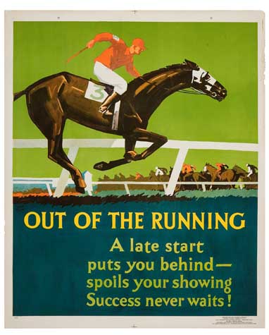 Out of the Running, Late start, black horse, rider in red