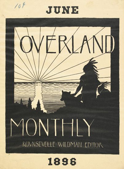 Overland Monthly, June, Indian man looks at sunset over lake