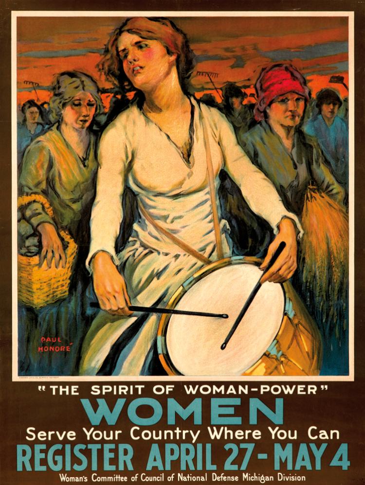 The Spirit of Woman-Power, Women, Serve Your Country Where You Can, Register April 27-May 4, woman playing a drum