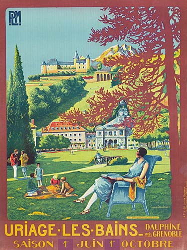 Uriage Les Bains Dauphine, red border, woman sits in a chair outside