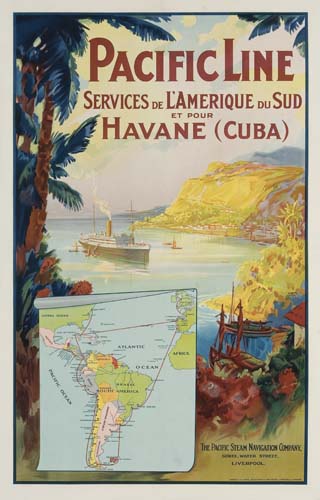 Pacific Line, Services de L’Amerique du Sud, Havene, Cuba, ship, map