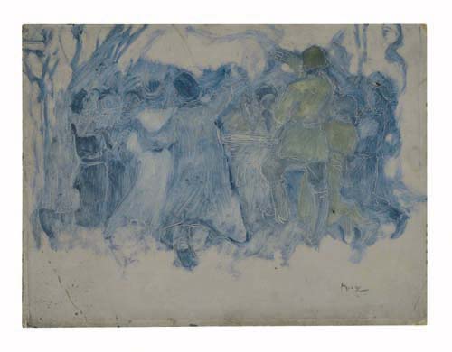Blue and white painting of a crowd