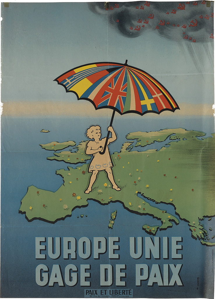 Europe unie gage de paix, child stands on a map with a flag umbrella