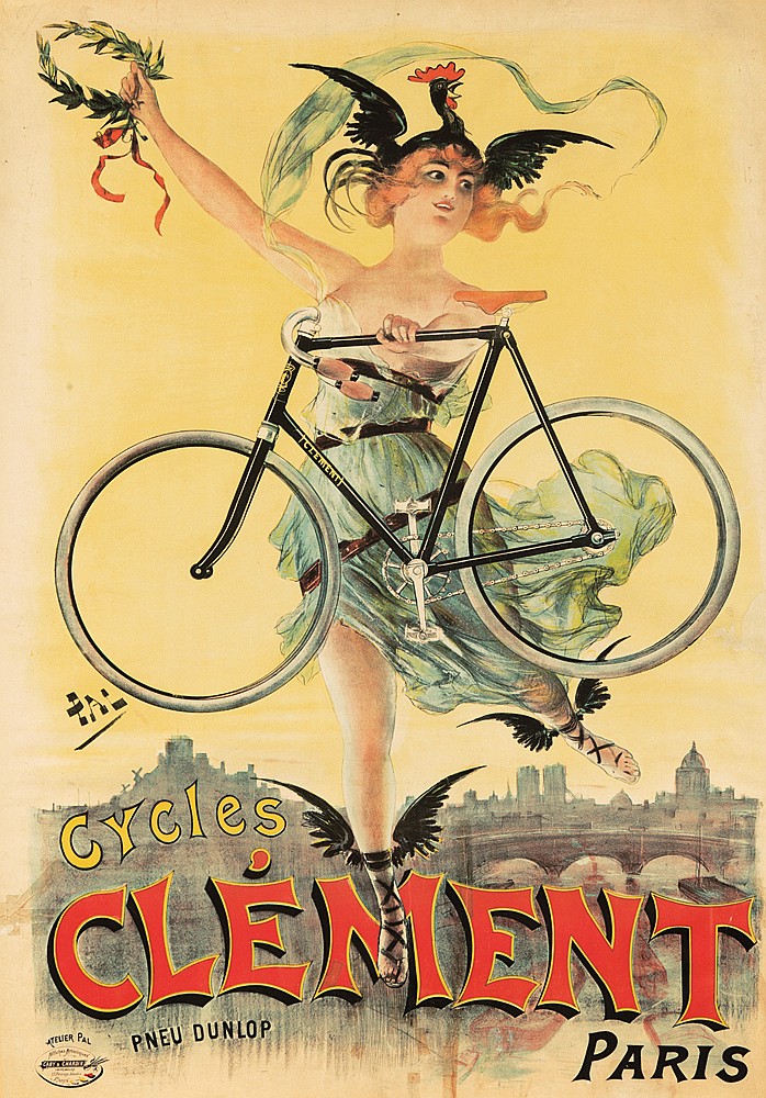 Cycles Clement Paris, yellow poster, woman in green holds a bicycle