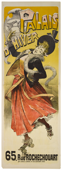 Palais d’Hiver 65 Rue Rochechouart, long yellow poster, woman in red