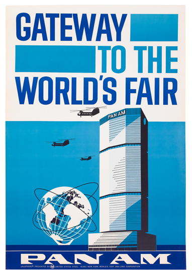 Gateway to the World’s Fair Pan Am, blue poster, skyscraper