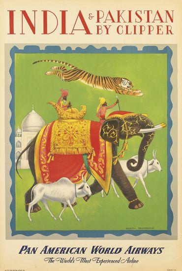India and Pakistan by Clipper, Pan American World Airways, green poster, elephant and other animals