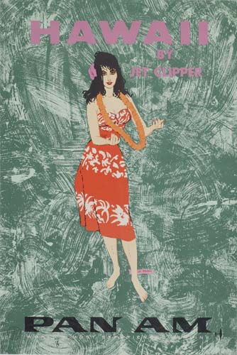 Hawaii by Jet Clipper, Pan Am, hula dancer in red
