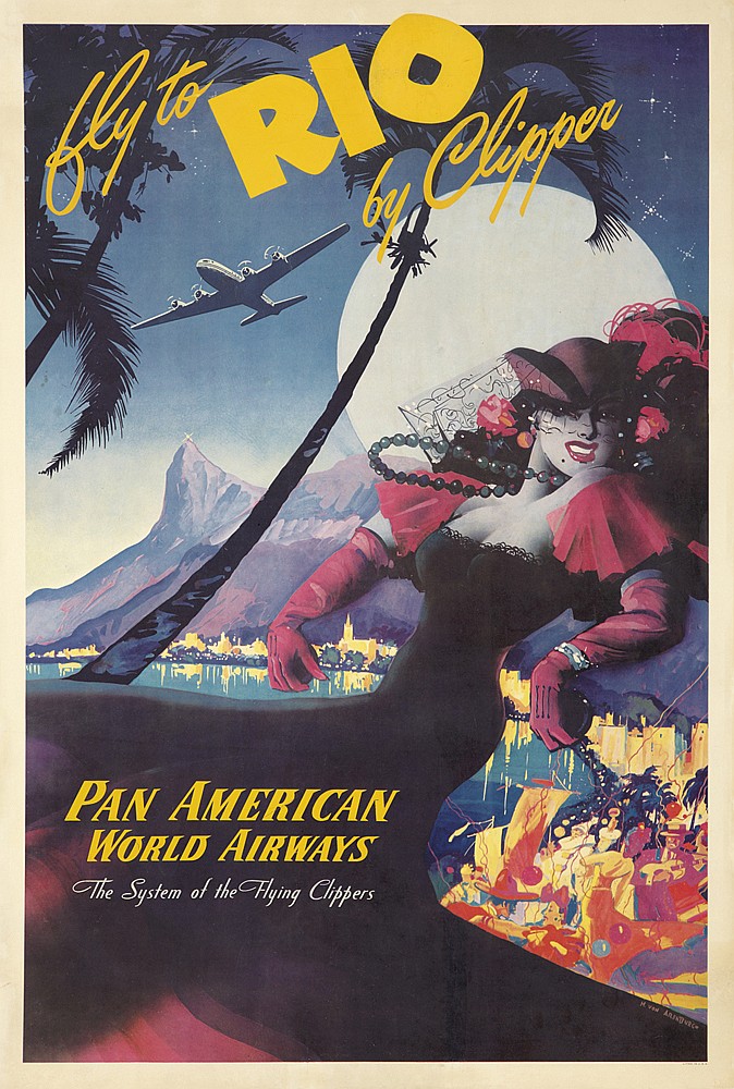 Fly to Rio by Clipper, Pan American World Airways, woman in black and red