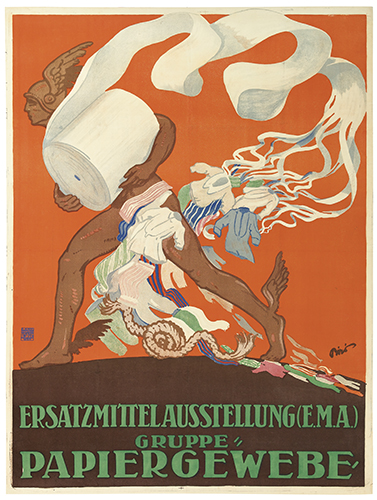 Ersatzmittelausstellung EMA Gruppe Papiergweebe, red poster, paper and laundry