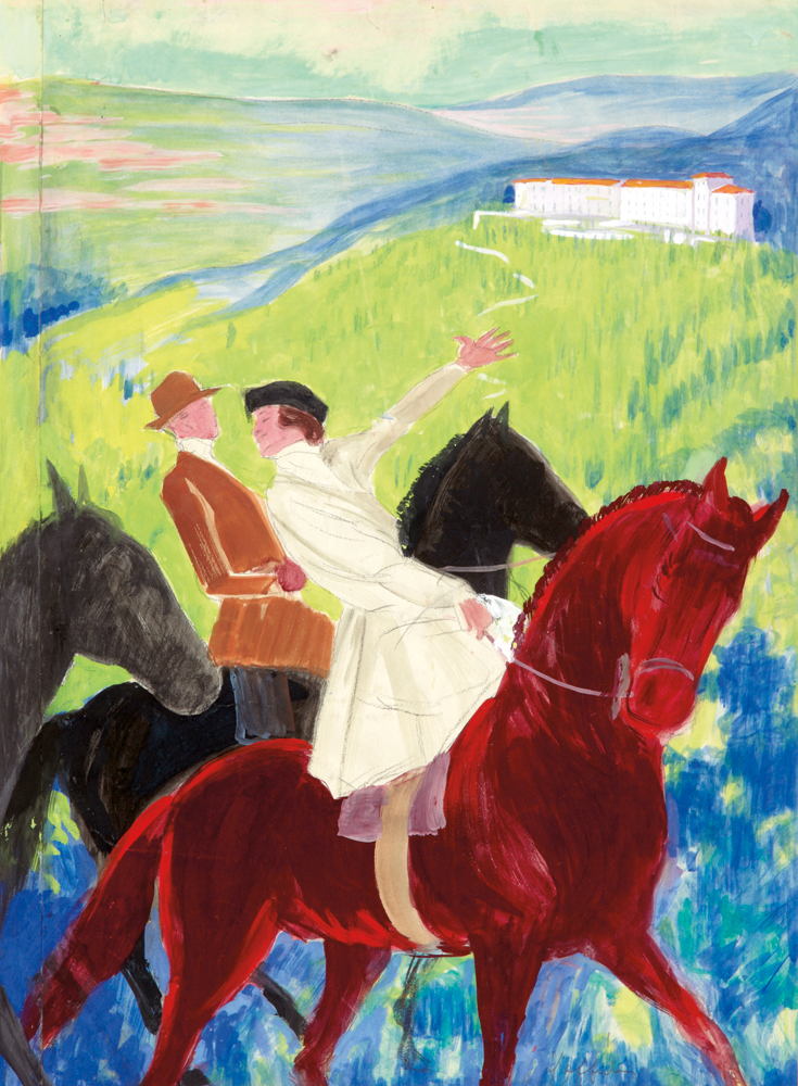 Watercolor painting of a couple riding horseback