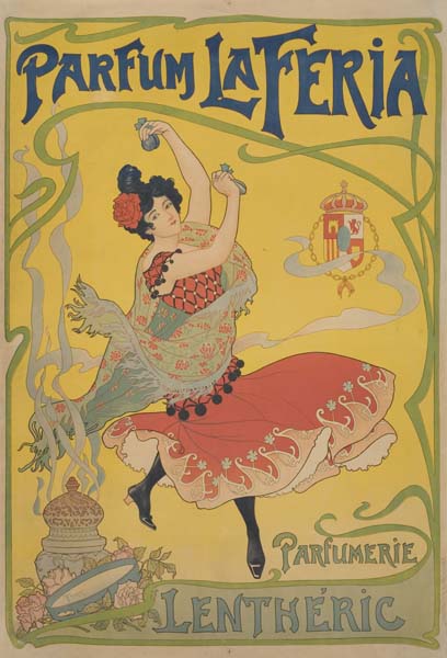 Parfum La Feria, yellow poster, woman in pink dancing