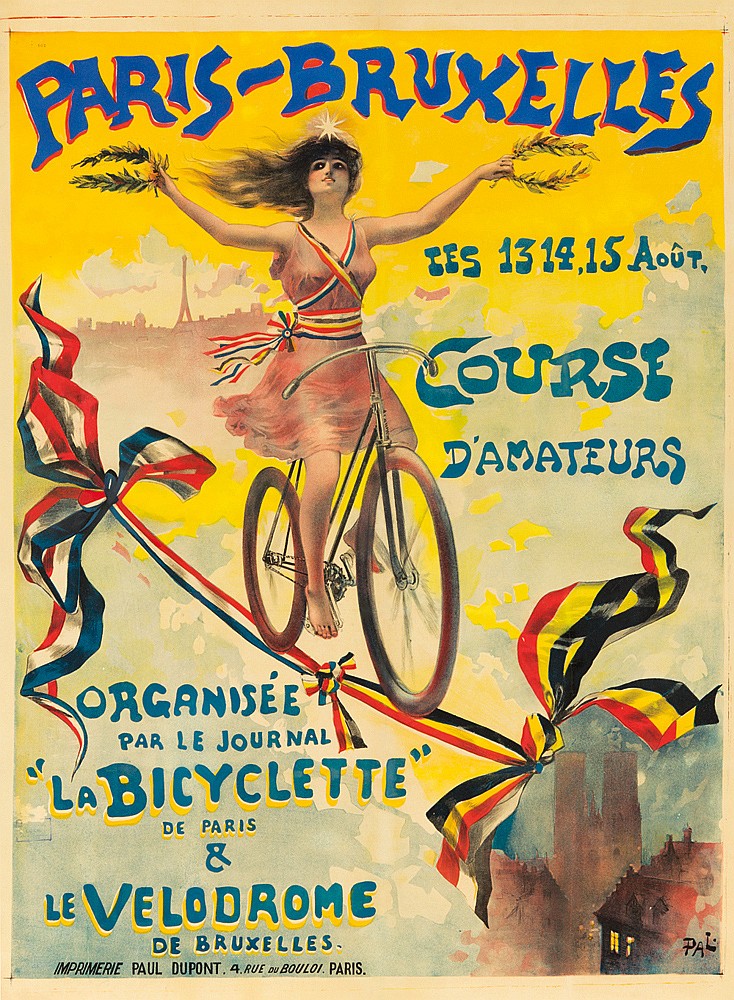 Paris Bruxelles, Course, D’Amateurs, yellow poster, woman in pink on a bicycle