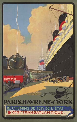 Paris Havre New York, black ship, grey train