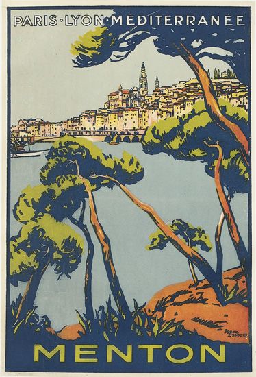 Menton, Paris, Lyon, Mediterranee, trees over the water, smaller poster