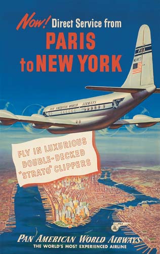 Paris To New York, Pan American World Airways, white plane flies over land, Direct Service