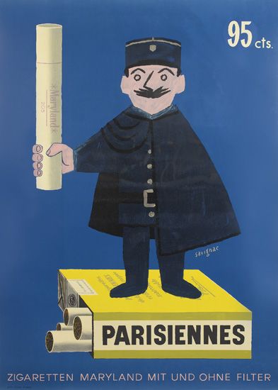 Advertisement, blue poster, Parisiennes, man holds cigarettes