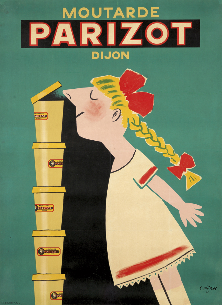 Moutarde Parizot Dijon, blue poster, little girl smells