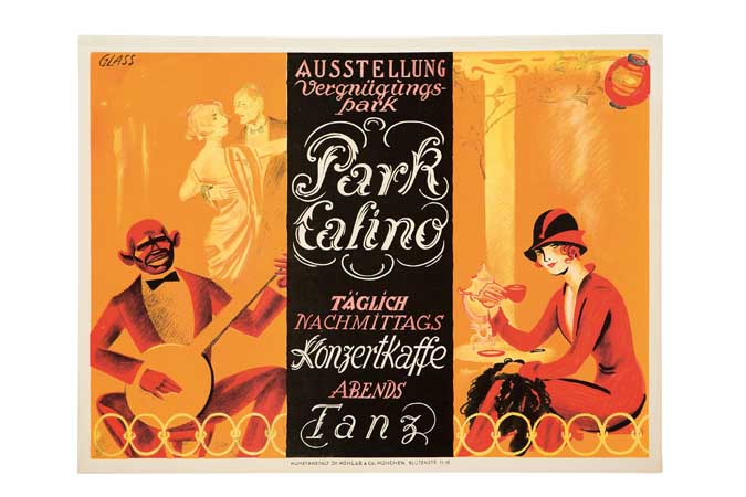Park Casino, Ausstelung, yellow poster, man plays guitar, couple dancing