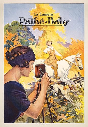 La Camera Pathe-Baby, woman takes a photo of a woman on a white horse