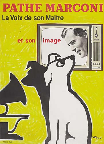 Pathe Marconi La Voix de son Maitre, yellow poster, dogs, television