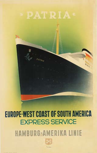 Patria Europe West Coast of South America, Express Service, Hamburg-Amerika Linie, black ship, green poster