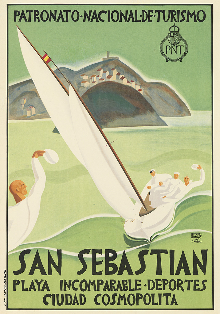 San Sebastian, green poster, sailboat