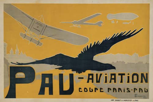 Pau-Aviation, grey plane, black bird, yellow poster