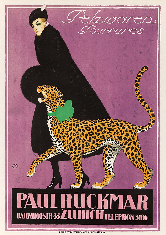 Paul Ruckmar, purple poster, woman walks cheetah