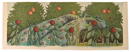 Peacocks and peach trees