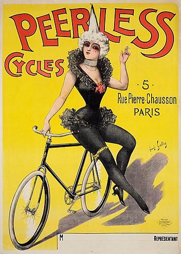 Peerless Cycles, yellow poster, woman in black with a bicycle