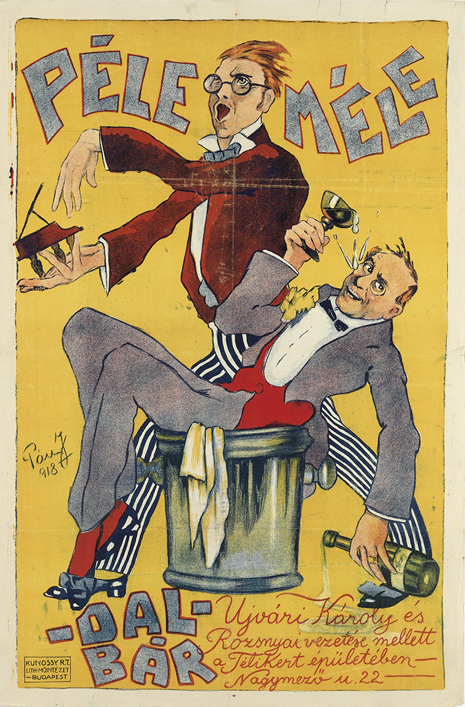 Pele Mele, yellow poster, man in brown, man in grey